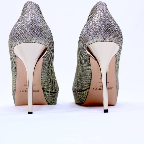 These are Jimmy Choo Metallic Gold Lamè Glitter Fabric Dahlia Platform Peep Toe - Picture 3 of 10